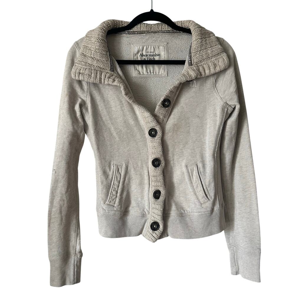 Y2k Abercrombie & Fitch Button Up Chunky Knit Collar Sweatshirt Cardigan Beige